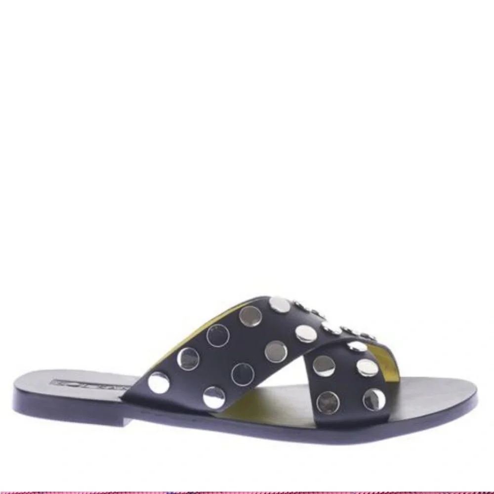 NWOT Sol Sana Black Genuine Leather Studded Crossover Sandals Size 37/7 Revolve - Picture 3 of 9